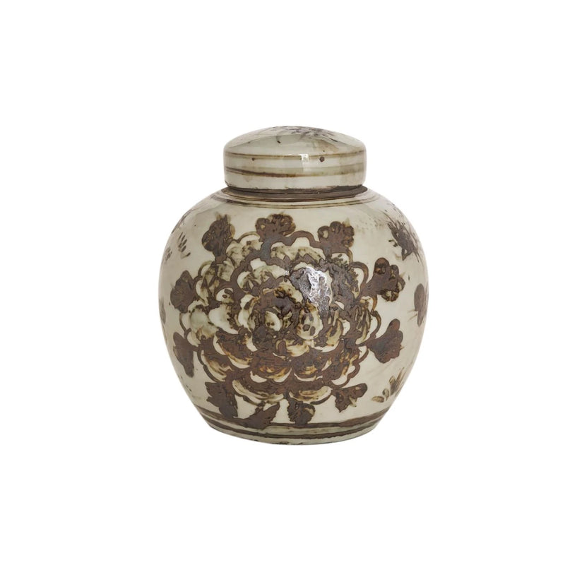 Brown & White Porcelain.. Mini Jar Peony Motif