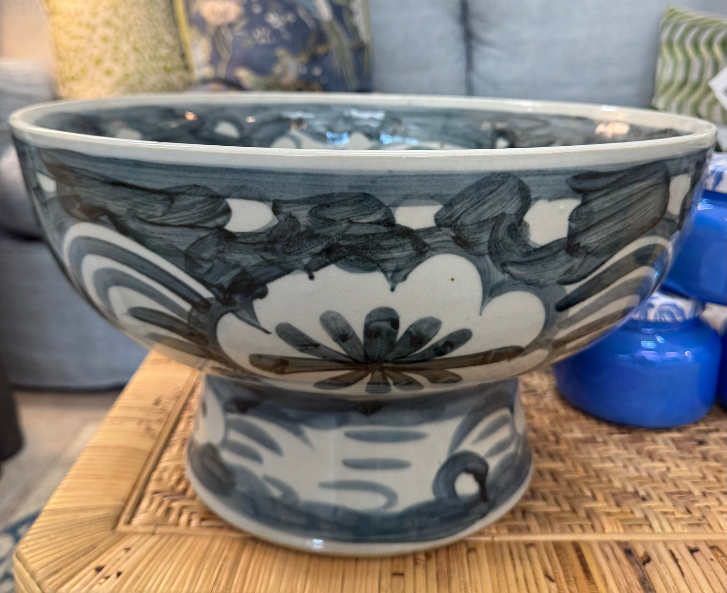 Indigo Blue Sea Flower Serving Bowl Tall Base