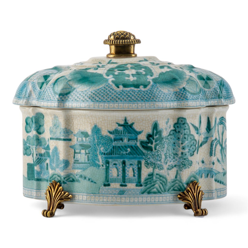 Porcelain Turquoise And White Willow Pattern Oval Shape Lidded Box