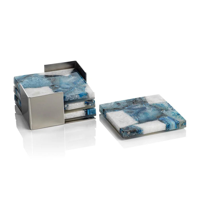 Set of 4 - Blue/ White Crete Agate Coasters on Metal Tray