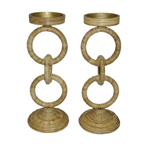 Rattan Wrapped Ring Pillar Candlestick