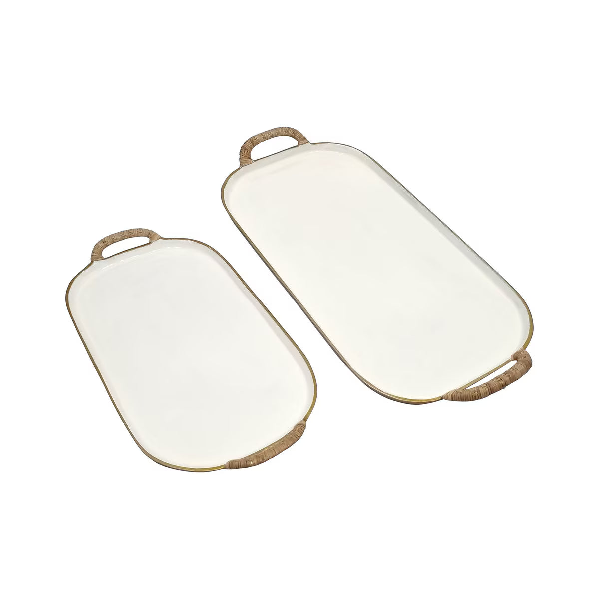 Rectangular Enamel Metal Trays With Rattan Wrapped Handles