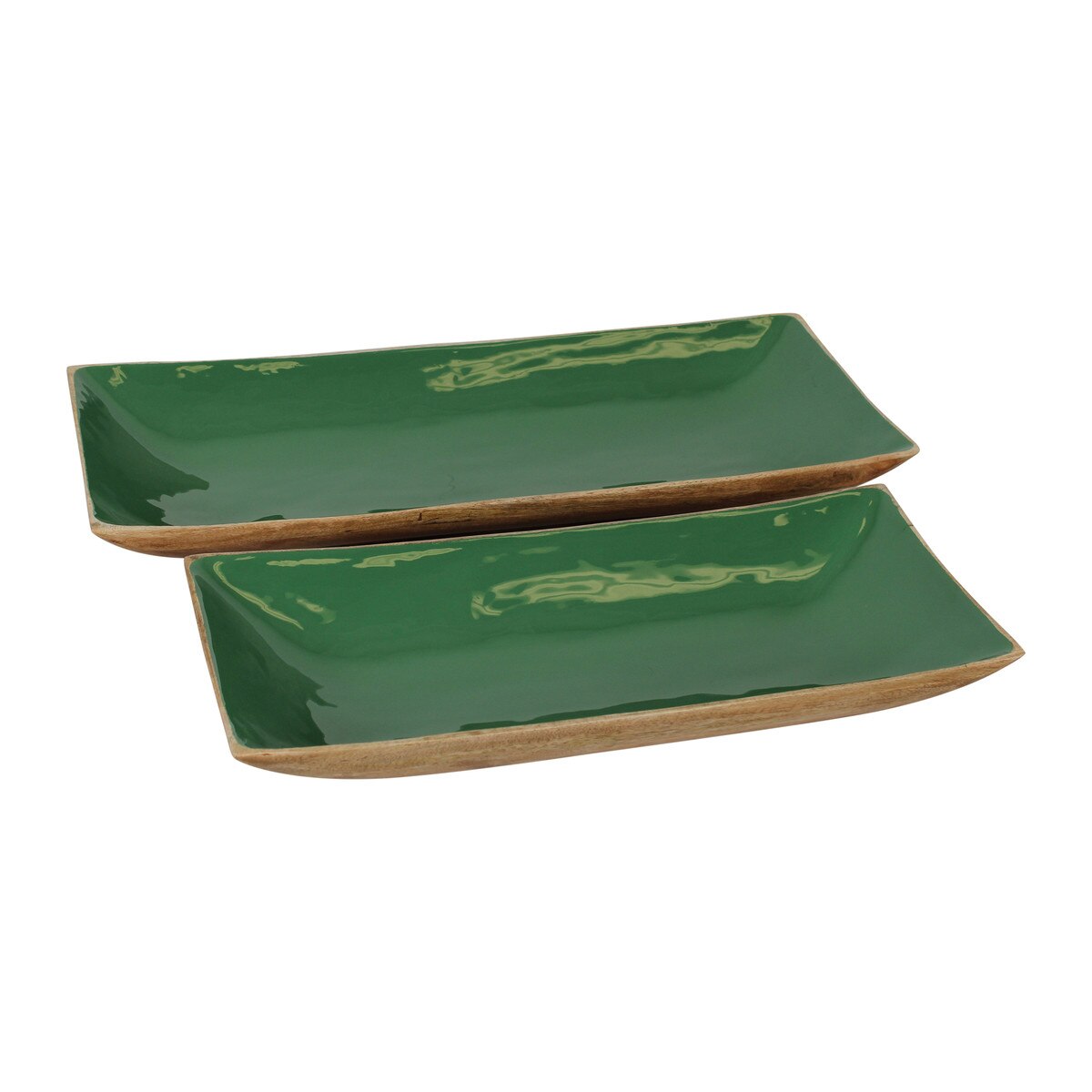Enamel and Mangowood Rectangular Trays Green/Natural