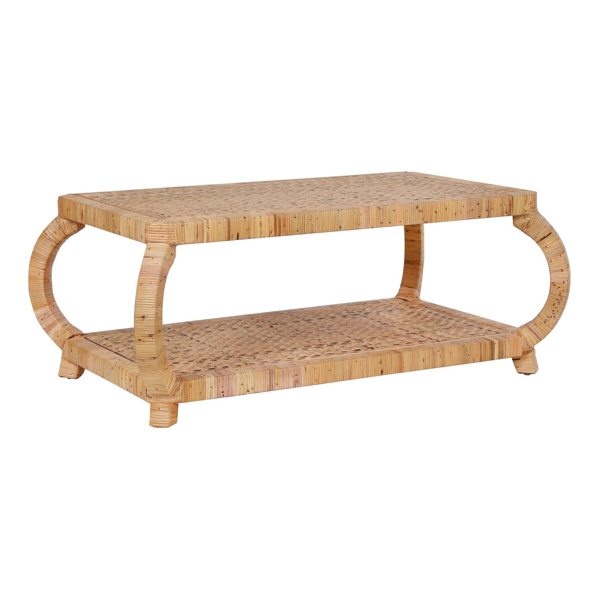Palma Rectangular Rattan Wrapped Coffee Table With Curved Legs And Shelf, Antique Natural