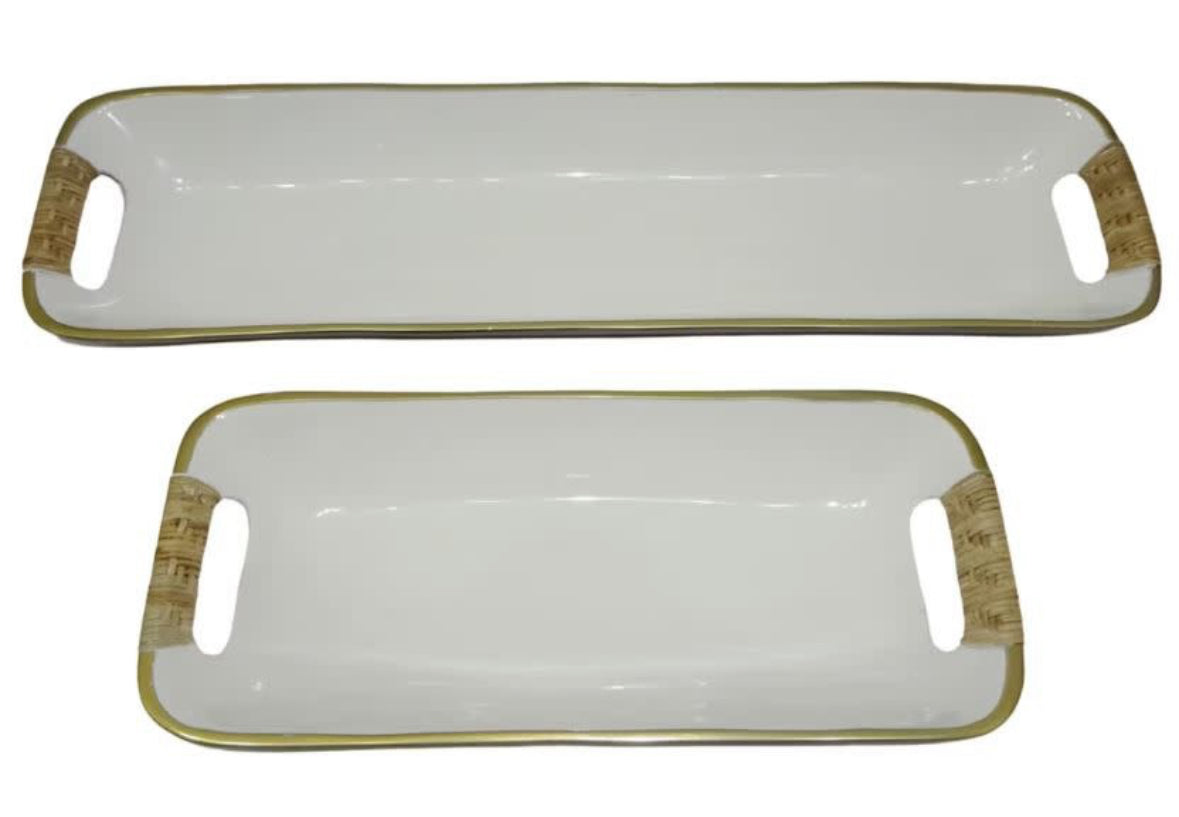 Rectangular enamel metal trays with rattan wrapped handles