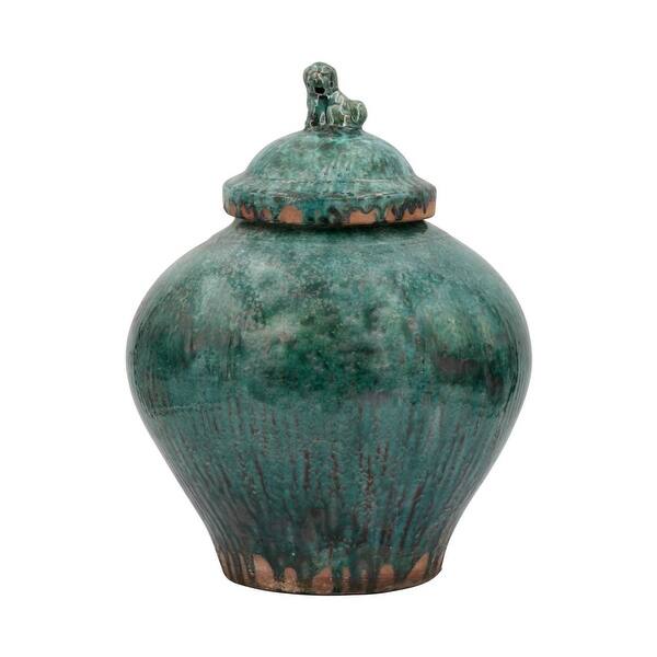 Vintage Emerald Green Porcelain Jar Lion Lid