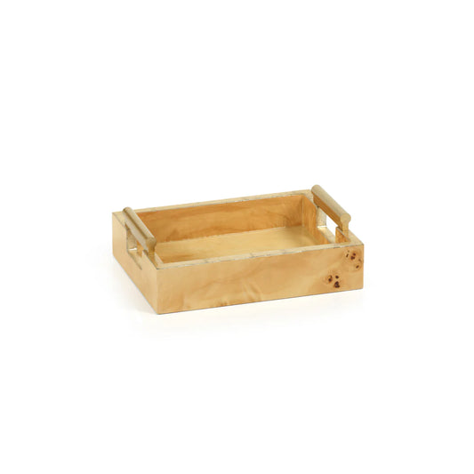 Leiden Burl Wood Rectangular Tray with Gold Handles