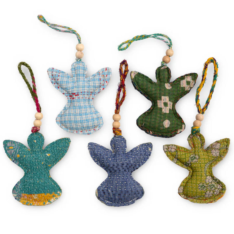 Kantha Angel Ornament with Wooden Beads