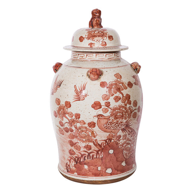 Rustic Maroon Red Flower Bird Temple Jar