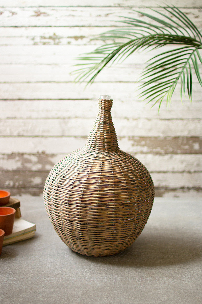 Wicker Vessel with Glass Neck