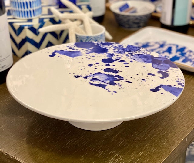 White with Blue Splatter Cake Plate