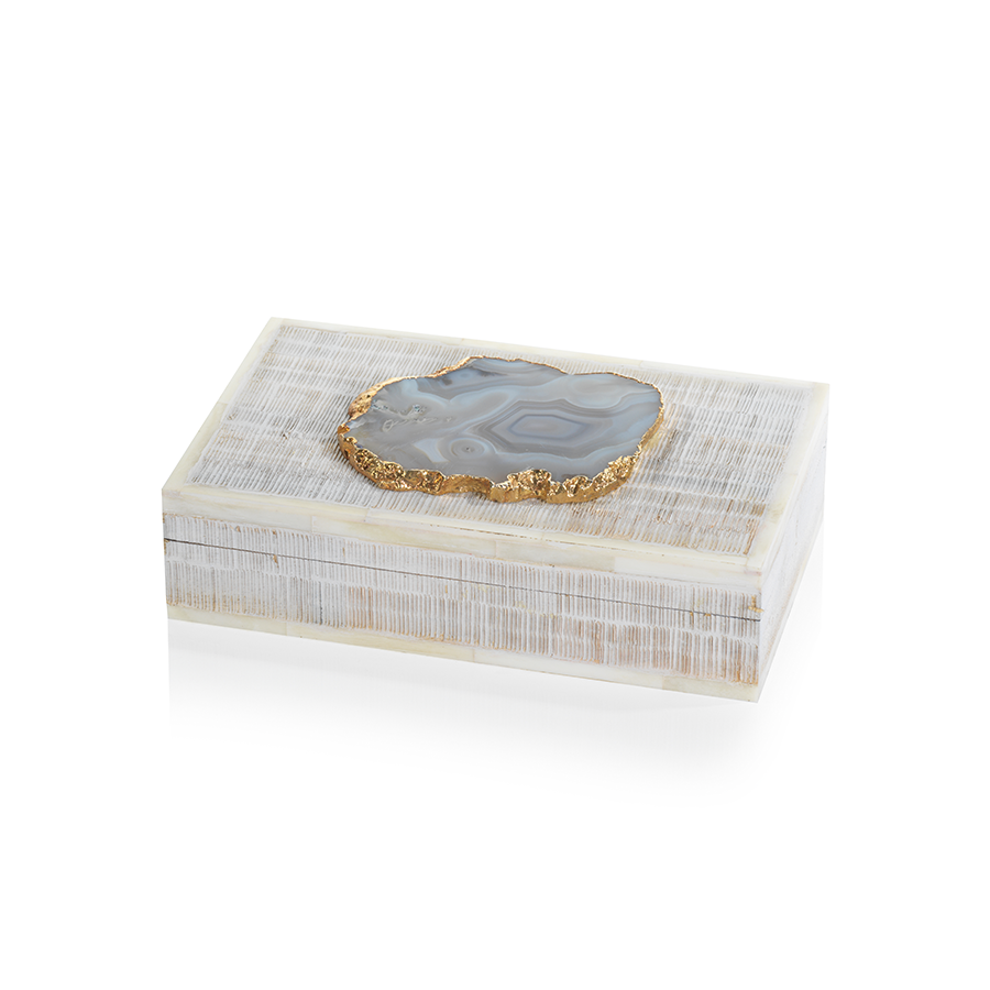 Chiseled Mangowood and Bone Box with Agate Stone