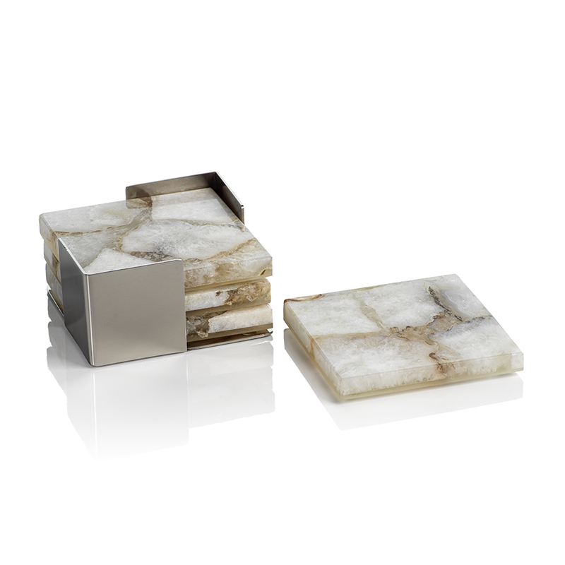 Set of 4 - Taupe / White Crete Agate Coasters on Metal Tray