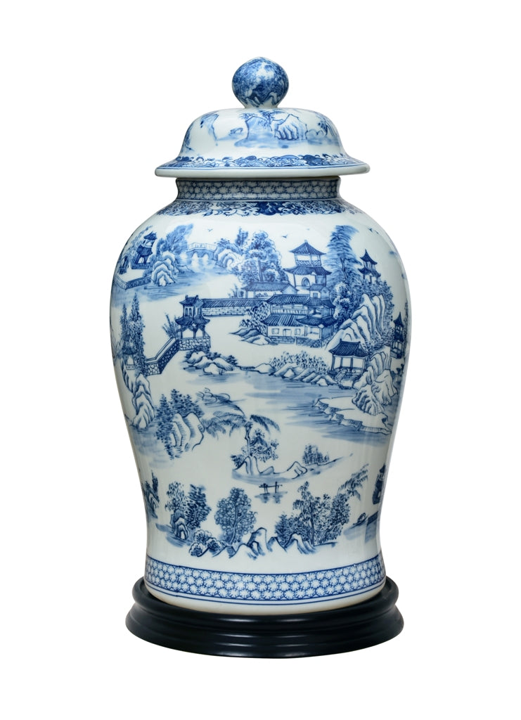 Blue and White Chinoiserie Temple Jar