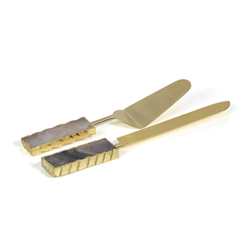Matt Gold Cake Server Set with Agate Handles