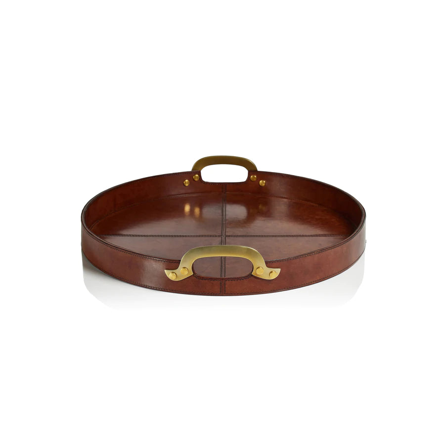 Aspen Leather with Brass Handles Round Tray - Small